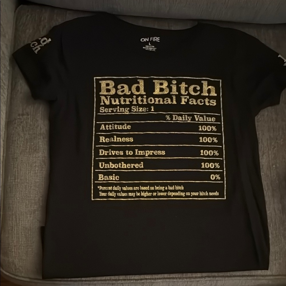On Fire Black Tee with Gold Nutritional Facts Graphic